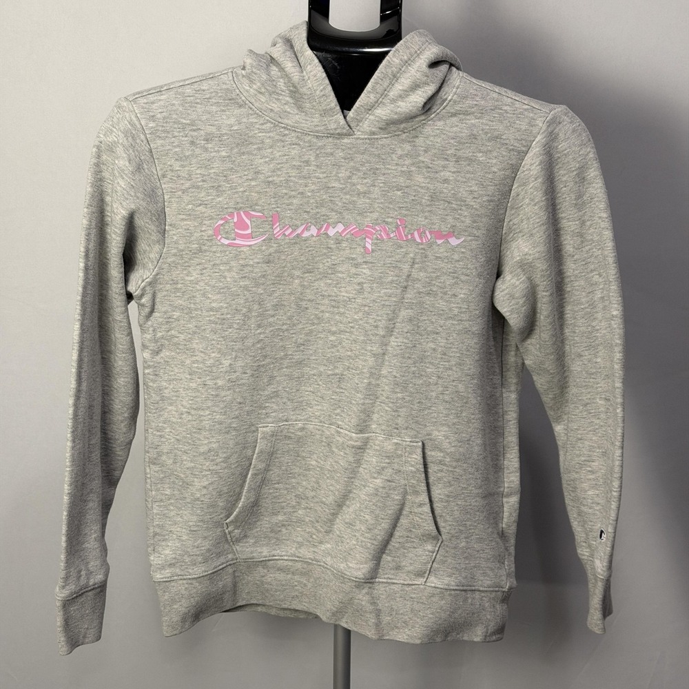 Champion Hoodie Sweatshirt Youth XL 16 Gray Fleece Pullover‎ Pink Script Logo